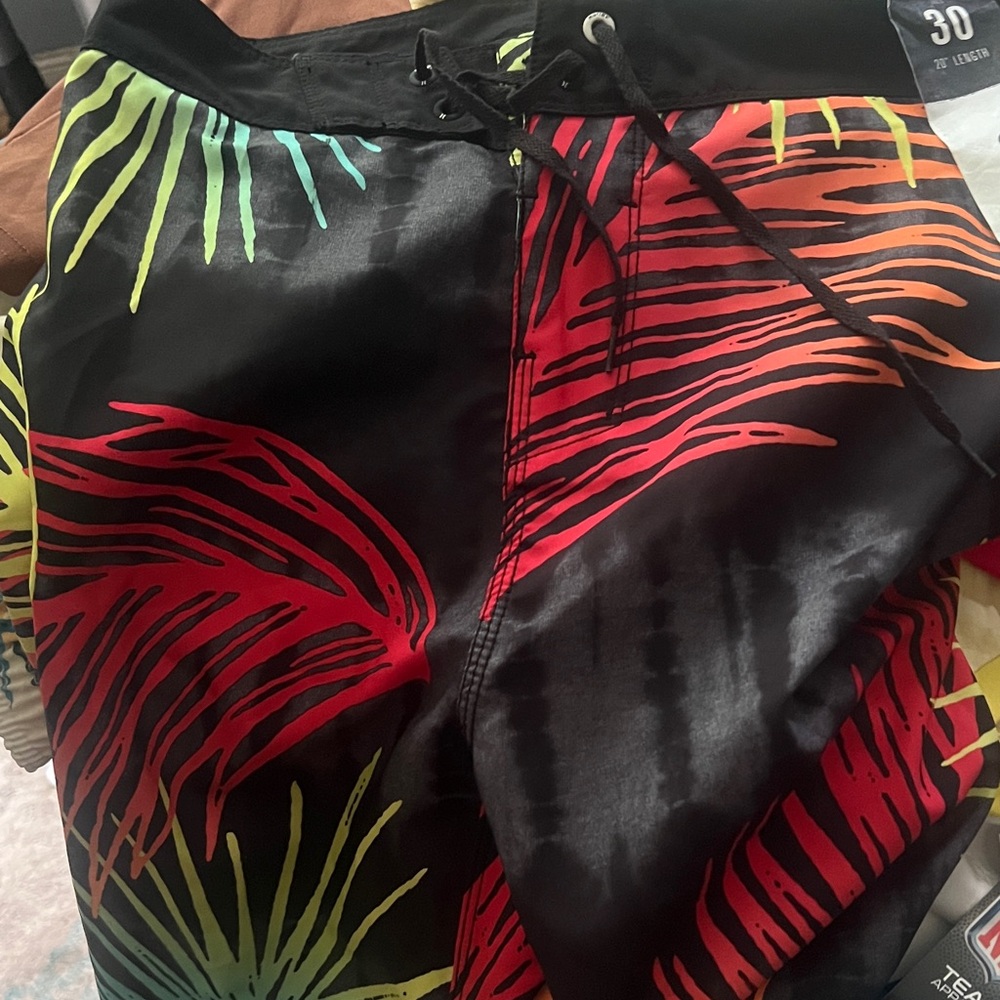 Hurley Black Board Shorts with Red, Orange & Green Tropical Print